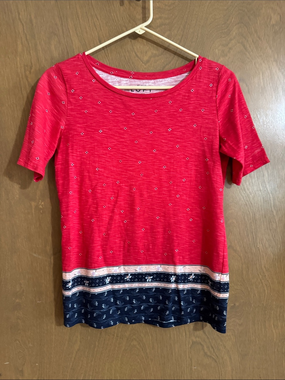 LOFT Red Short Sleeve Tee with Navy Dot Trim